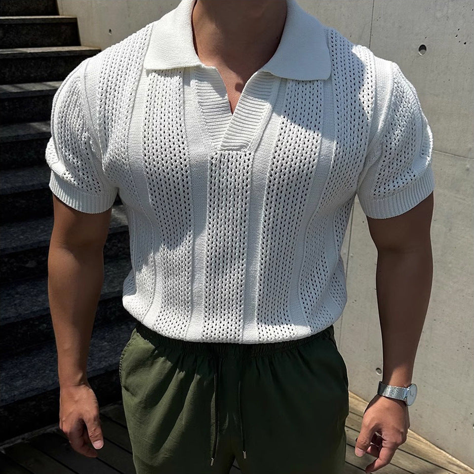 Hollowed-Out Ice Silk Polo Shirt With Lapel Collar