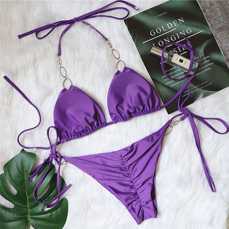 Sexy Metal Accessories Rhinestone Split Swimsuit Set