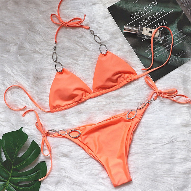 Sexy Metal Accessories Rhinestone Split Swimsuit Set