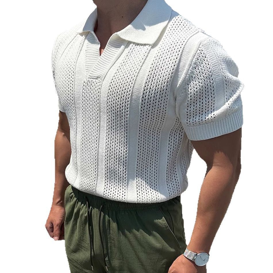 Hollowed-Out Ice Silk Polo Shirt With Lapel Collar
