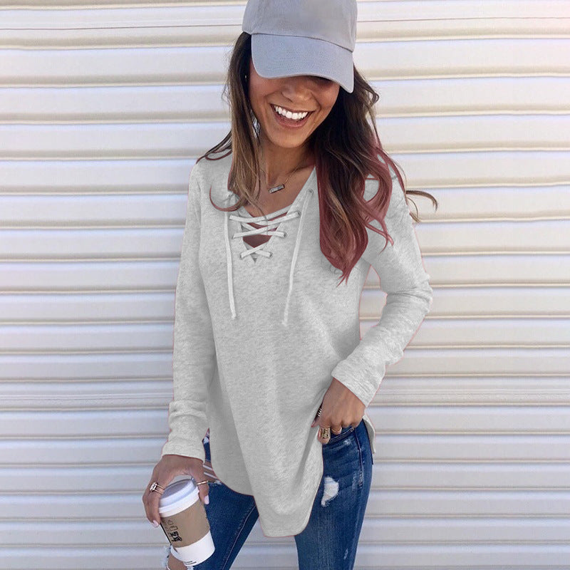 V-Neck Tie Band Loose Top T-Shirt