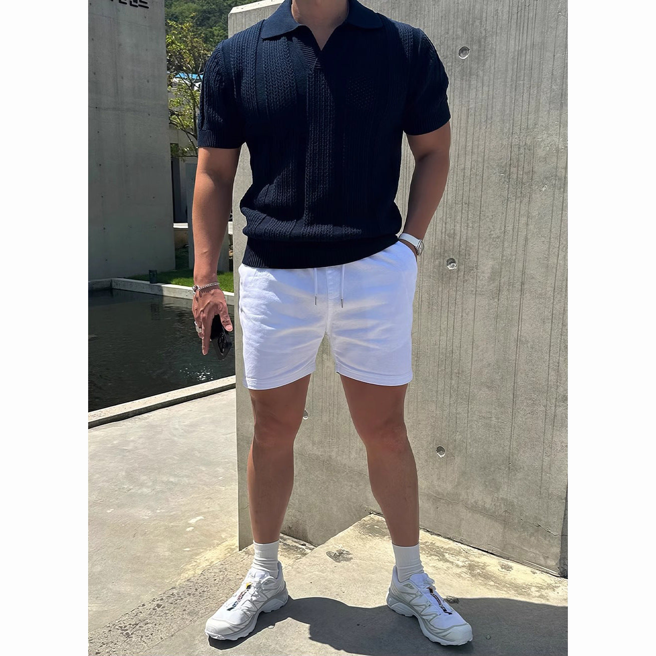 Hollowed-Out Ice Silk Polo Shirt With Lapel Collar