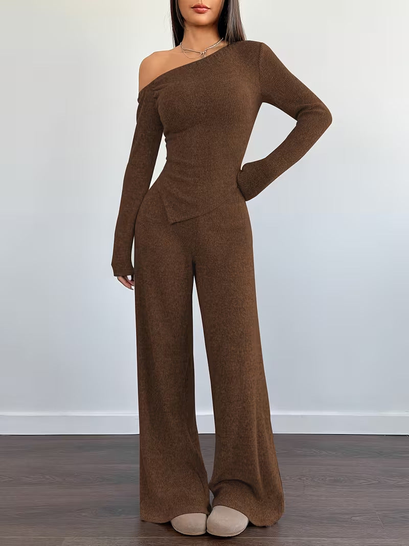Dropped-shoulder Knit Set Womens Long-sleeve Top And Wide-leg Pants