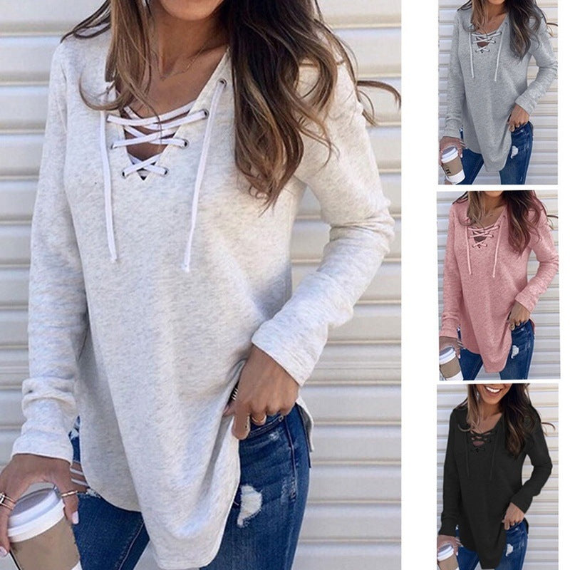 V-Neck Tie Band Loose Top T-Shirt