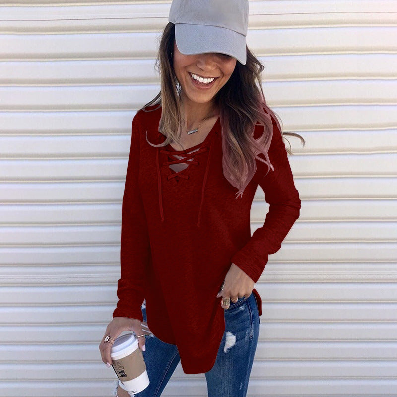 V-Neck Tie Band Loose Top T-Shirt