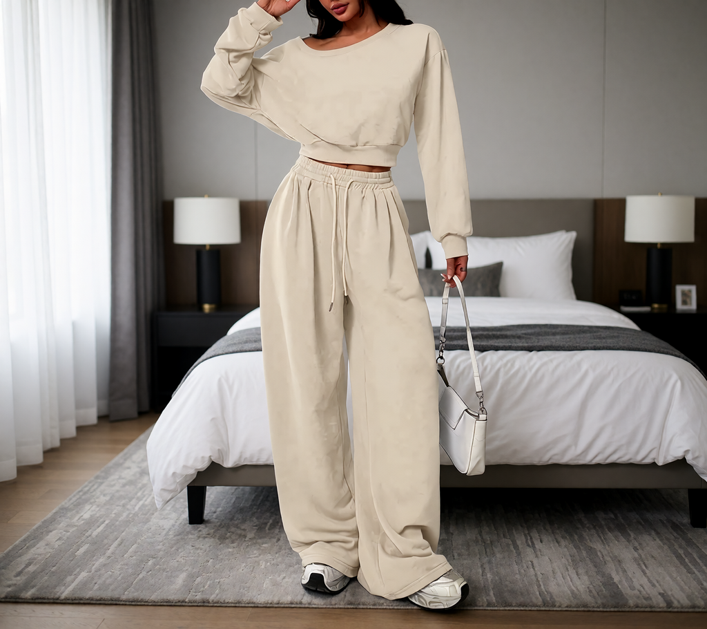 Casual 2-piece Set One-shoulder Long-sleeved Sweatshirt Women's Suit Autumn New Fashion Elastic Waist Tie Loose Sports Trousers