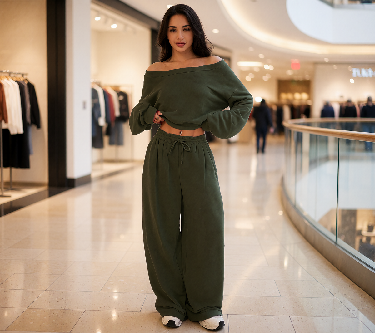 Casual 2-piece Set One-shoulder Long-sleeved Sweatshirt Women's Suit Autumn New Fashion Elastic Waist Tie Loose Sports Trousers