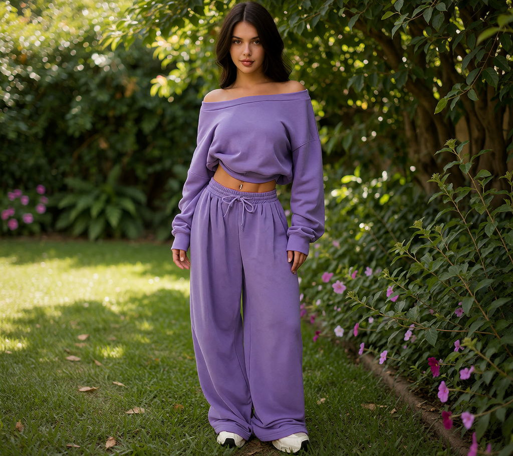 Casual 2-piece Set One-shoulder Long-sleeved Sweatshirt Women's Suit Autumn New Fashion Elastic Waist Tie Loose Sports Trousers