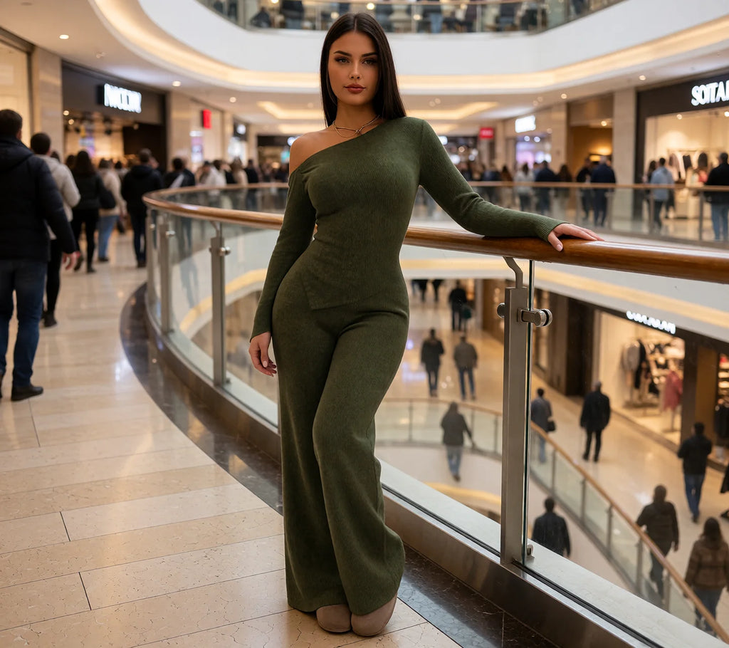 Dropped-shoulder Knit Set Womens Long-sleeve Top And Wide-leg Pants