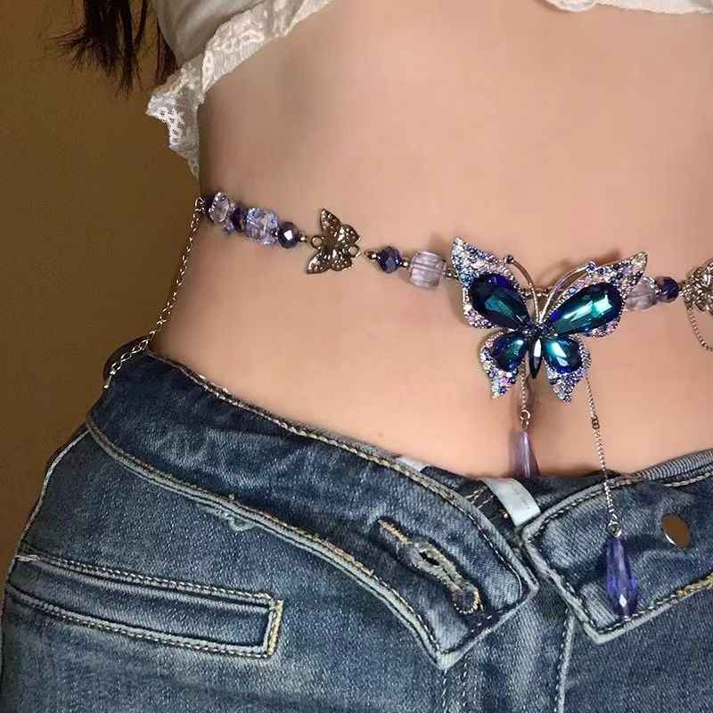 Dark Blue Waterdrop Tassel Butterfly Waist Chain