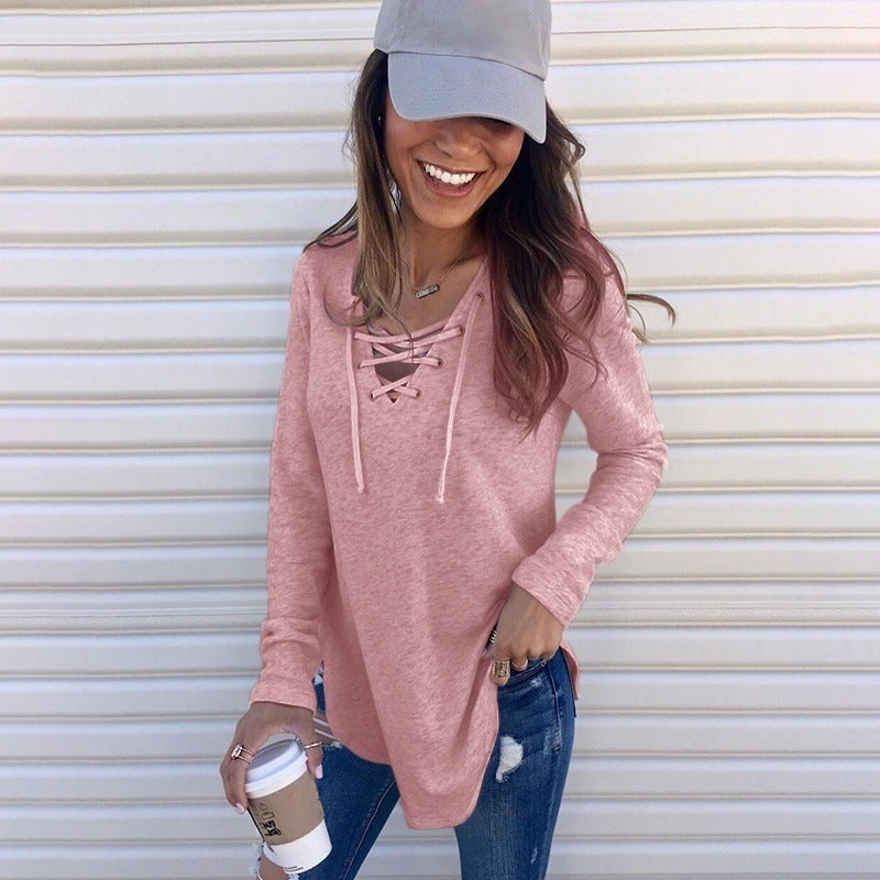V-Neck Tie Band Loose Top T-Shirt