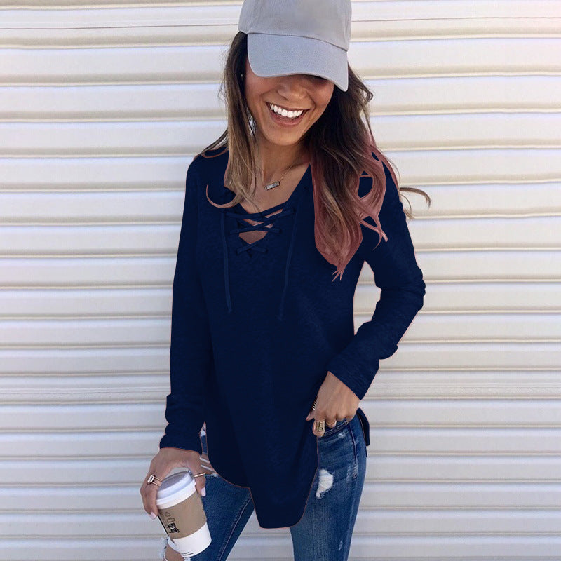 V-Neck Tie Band Loose Top T-Shirt