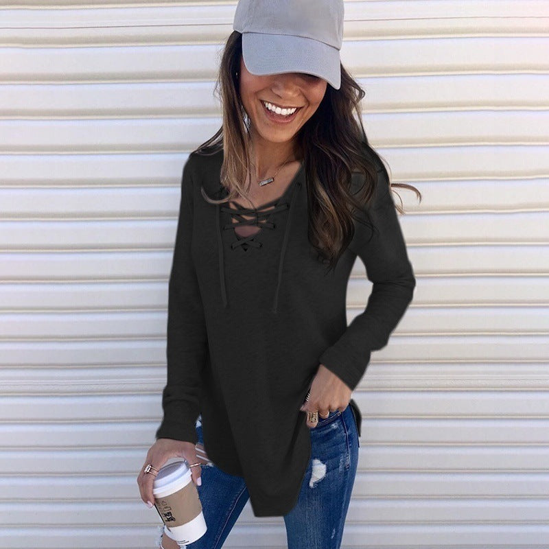 V-Neck Tie Band Loose Top T-Shirt